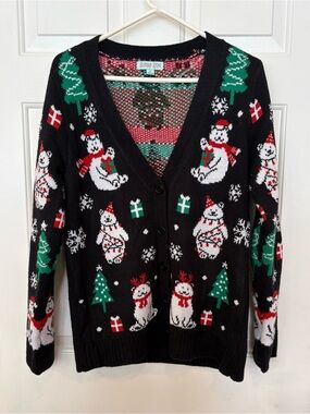 Women’s Holiday Christmas Sweater Cardigan Black Large Polar Bears Snowflakes